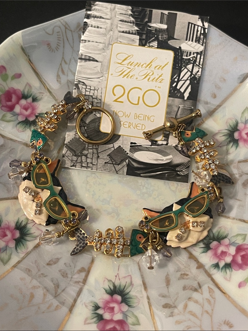 Vintage LATR 2GO “Glamour Puss” Cat Enamel Charm Bracelet